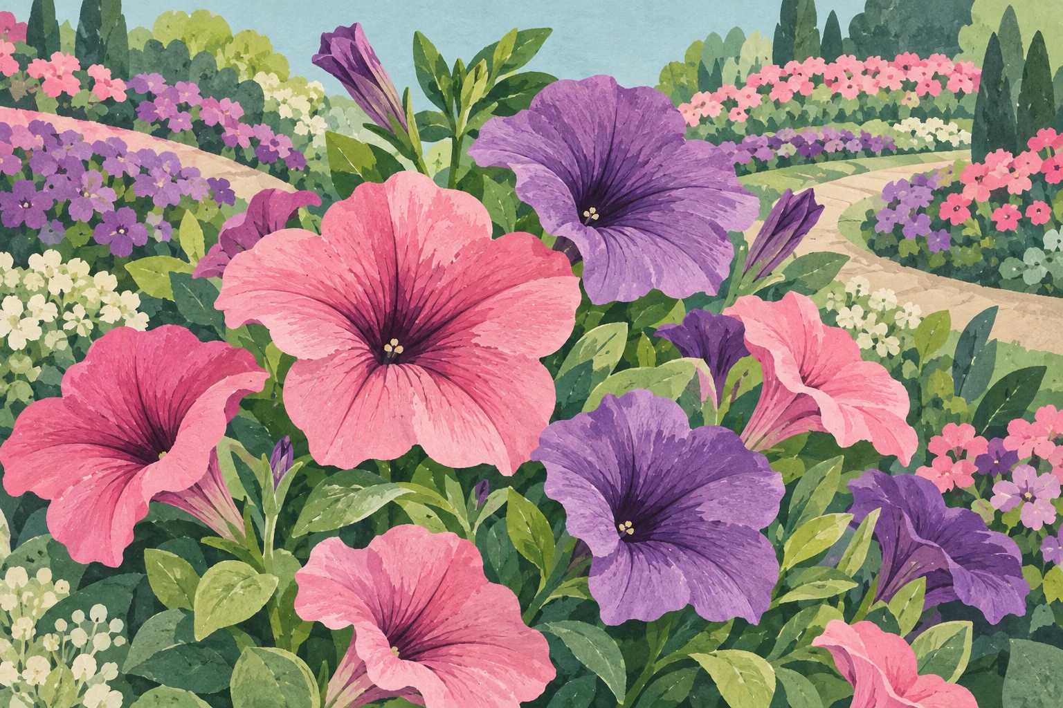AI editorial illustration of pink and purple flowers and abstract garden curves, not an actual Flora Park view