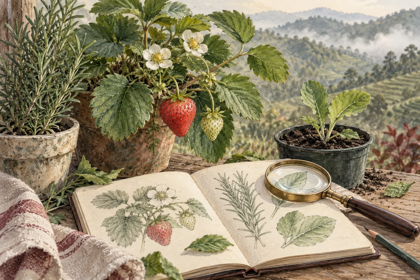 Botanical illustration of a strawberry plant, herb pot and observation notebook; not a photograph of MARDI